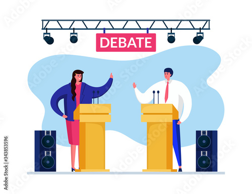 Debate speach vote, vector illustration. Man woman character having dispute in order attract voters their side. Speakers raise hands up prompting choice. Sound amplifier equipment nearby.