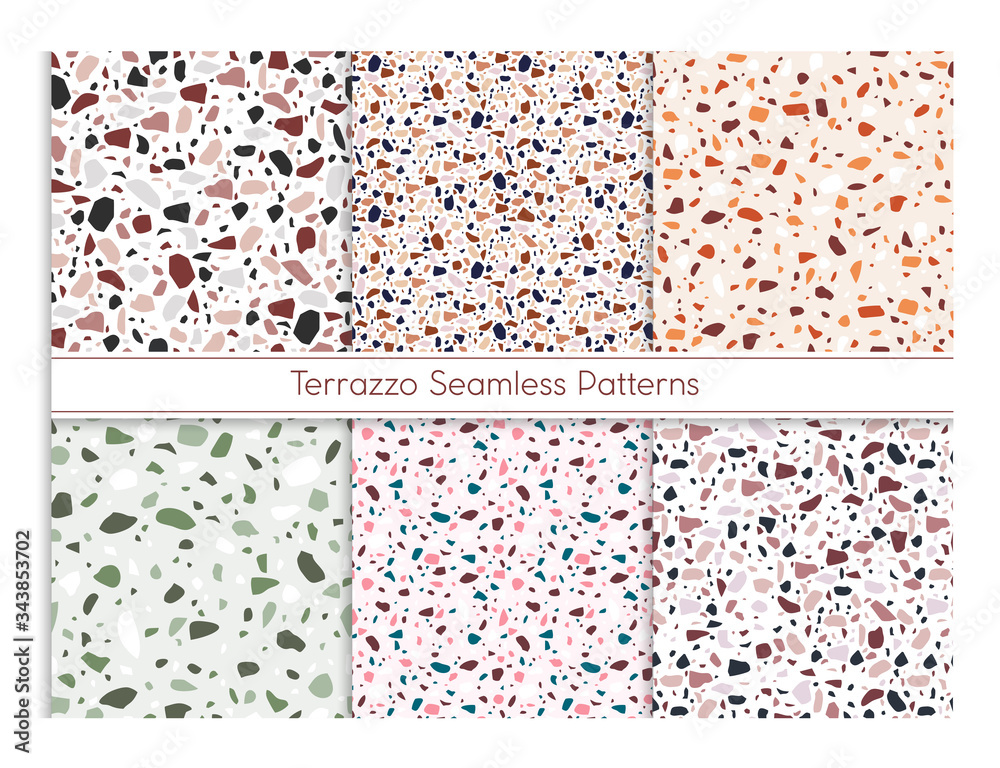 Terrazzo seamless pattern vector illustration set. Marble mosaic stone ...