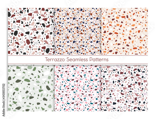 Terrazzo seamless pattern vector illustration set. Marble mosaic stone texture for floor or wall, classic flooring design in Venetian style made of concrete, quartz, glass material abstract background