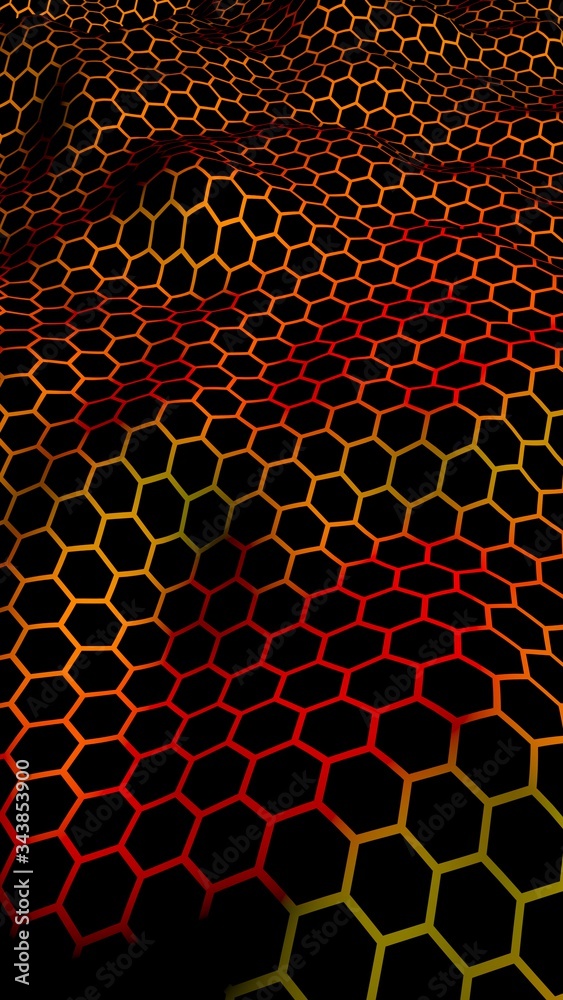 Honeycomb wave effect on a red yellow background. Perspective view on polygon look like honeycomb. Isometric geometry. Vertical image orientation. 3D illustration Honeycomb wave effect on a red yellow background. Perspective view on polygon look like honeycomb. Isometric geometry. Vertical image orientation. 3D illustration