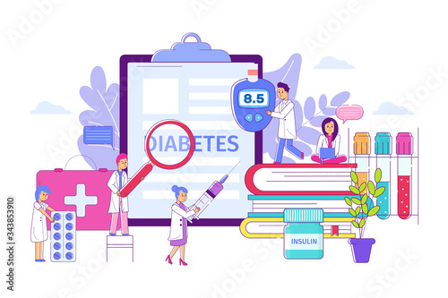 Diabetes clinical treatment concept, vector illustration. High blood sugar glucose test result, disease research. Doctor character control patient health by insulin injection and glucometr.