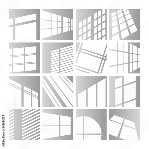 Window lights vector illustration set. Sunlight or shadow overlay effect of window frames on room wall, ceiling or floor, realistic midday or morning lighting, photorealistic mockup design background