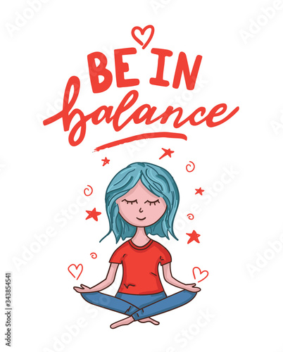 Be in balance card with hand drawn meditating girl