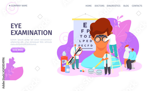 Eye examination, ophthalmologist landing vector illustration. Doctor test patient eyesight, vision treatment with drops and glasses. Web page ophthalmologic clinic, healthy eye banner.