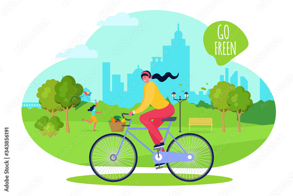 Naklejka premium Girl at city park ride bike, vector illustration. Active spring walk in fresh air, healthy weekend time. Happy outdoor leisure, adult woman character dressed sportswear, high building background.