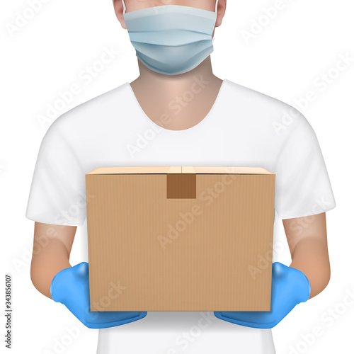 Courier Holding Cardboard Box In Gloves And Mask