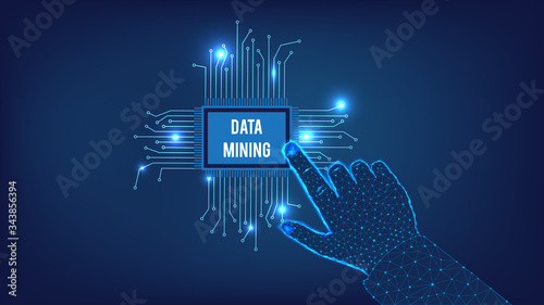 Data mining  concept. Chip and hand from triangles and points on dark blue background.