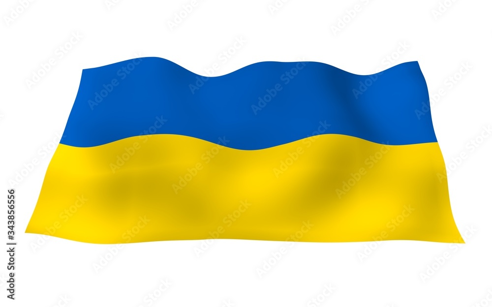 Obraz premium The flag of Ukraine on a white background. National flag and state ensign. Blue and yellow bicolour. 3D illustration waving flag