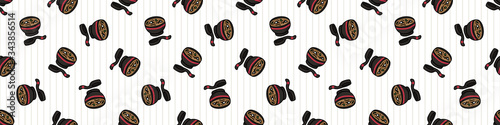 Kawaii scattered miso soup Japanese meal seamless vector border. Hand drawn oriental ramen with nori and tofu. Seaweed soup all over print on stripe background. Asian recipe. 