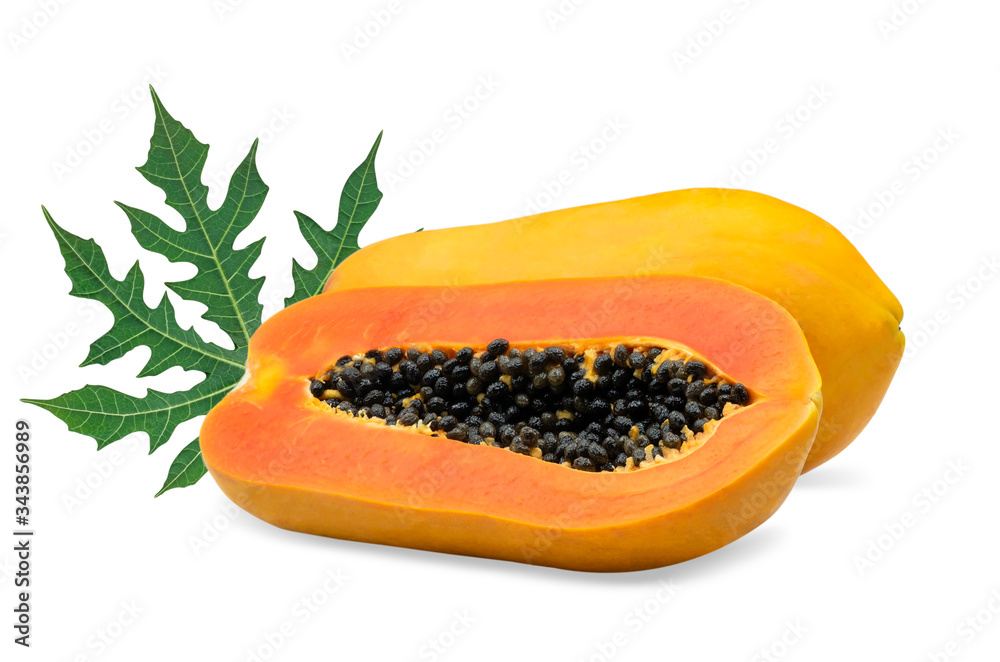 Ripe holland papaya sliced with green leaf isolated on white background with clipping path Ripe holland papaya sliced with green leaf isolated on white background with clipping path
