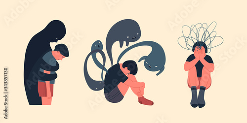 Set of three persons. Mental health or disorder concept. Illness, phobia, impairment, psychiatric or psychological problem. Cartoon style. Flat design. Hand drawn isolated colored Vector illustrations photo