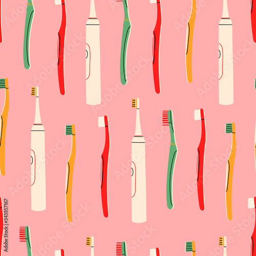 Mouth cleaning tools. Set of various Toothbrushes. Dental hygiene  Oral care  healthcare concept. Side view. Hand drawn colored Vector seamless pattern. Pink background. Wallpaper