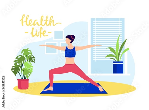 Young girl doing yoga at home. health life vector illustration. Woman character in sportswear stretch body, exercises on rug. Training indoor, everyday wrokout and sport for wellness, banner.