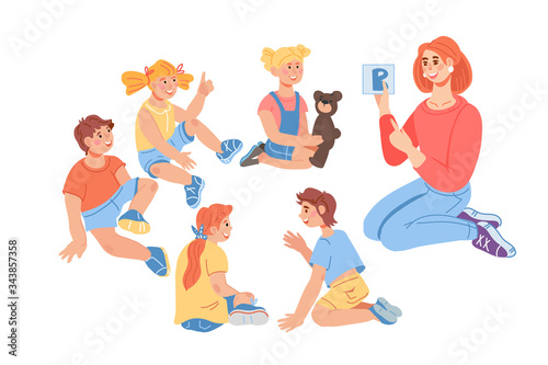 Preschool or kindergarten children boys and girls cartoon characters on lesson with teacher. Daycare preschool center or children nursery. Kids education and care. Flat vector illustration isolated.