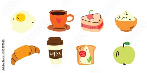 Breakfast hand drawn doodle icons. Food and drink.