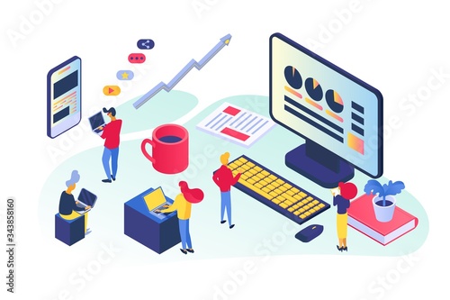 Business analysis at office, isometric vector illustration. Teamwork developing successful strategy, marketing growth chart. Business people control company economics, profit by electronical device.