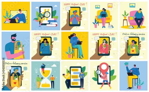 Vector illustration of Connection, Team leader, Online review, Time mamagement, Coworking space, Save the planet, Start up, Team work backgrounds
