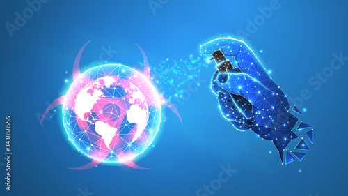 Abstract planet Earth with sanitazer in a hand. Coronavirus vaccine. World Covid pandemic prevention. Low poly, wireframe 3d vector illustration. Abstract polygonal img on blue neon background