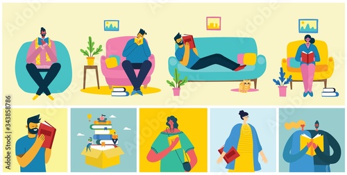 Vector concept illustrations of World Book Day, Reading the books and Book festival in the flat style.