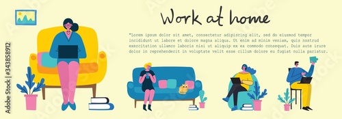 Stay and work at home. Stop coronavirus. People staying at home for prevent virus Covid19 in the flat style