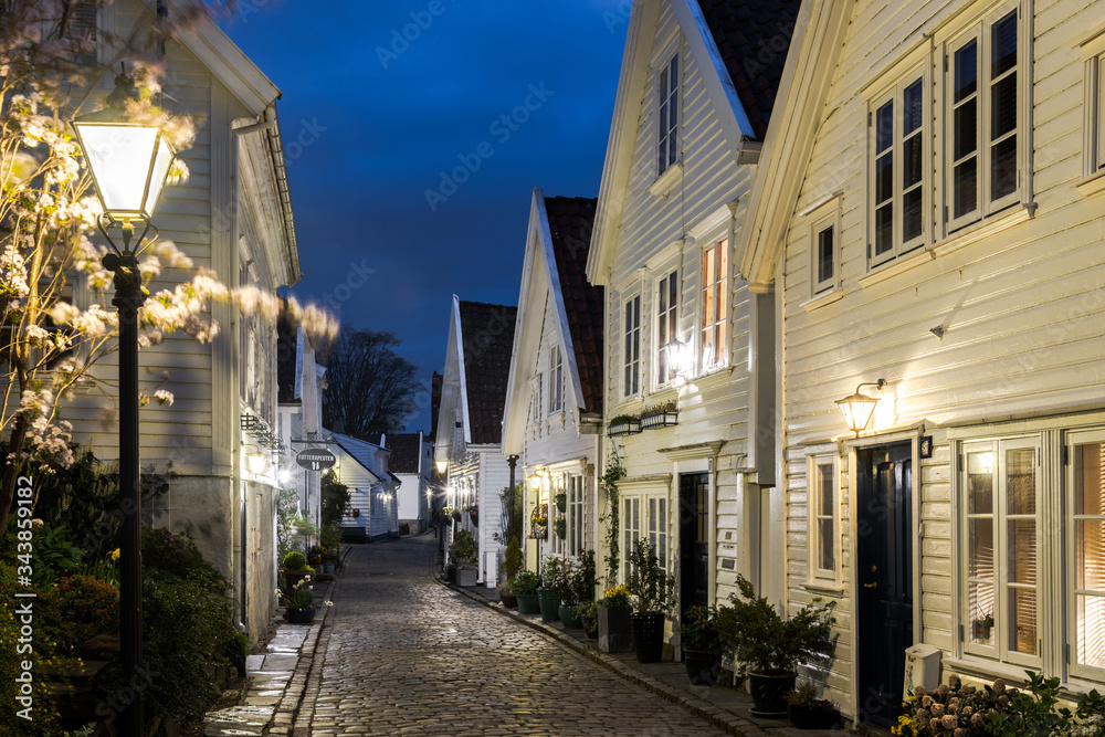 street in the old town at night in stavanger - Norway