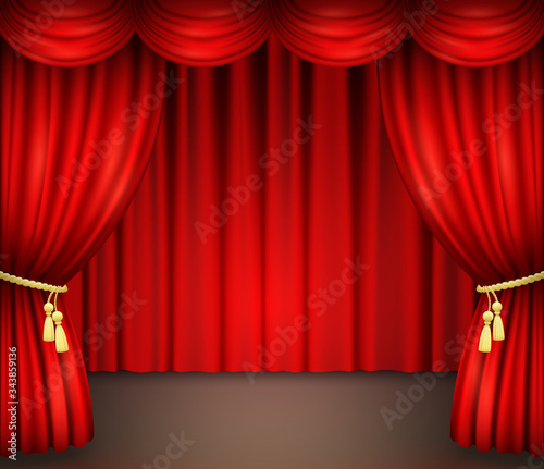 Red curtain with drapery on theater stage. Vector illustration of open velvet drapes with golden cord and tassels for movie, opera, drama performance or comedy show