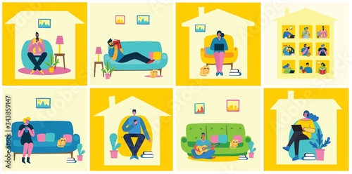 Stay and work at home. People staying at home for prevent virus Covid19 in the flat style