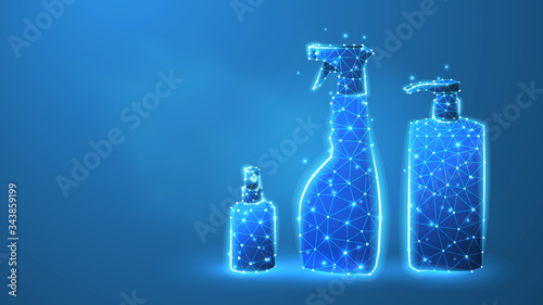 Hand sanitizer bottles set. Antibacterial spray, hygienic liquid, disinfection gel. Low poly, wireframe 3d Raster illustration. Abstract polygonal image on blue neon background