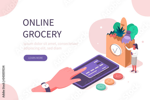 
Character Shopping Online at Smartphone. Making Order in Online Grocery Shop and Paying with Credit Card. Fresh Food Groceries in Bag.  Mobile Commerce Concept. Flat Isometric Vector Illustration.