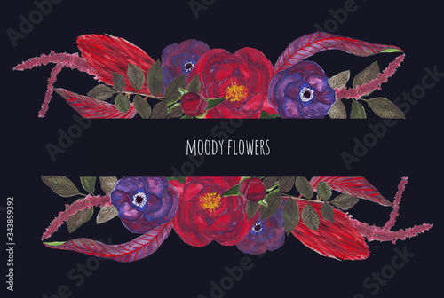 Hand-drawn gouache textured set of flowers, leaves and berries in the style of Moody flowers on the dark wall background