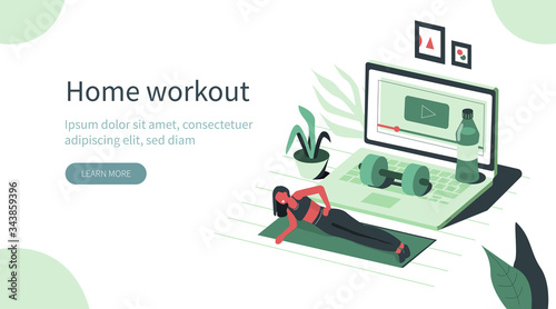 Sportive Woman Training at Home and Watching video with Exercises on Laptop.  Girl in Sportswear Exercising in Living Room. Fitness and Healthy Sport Concept. Flat Isometric Vector Illustration.