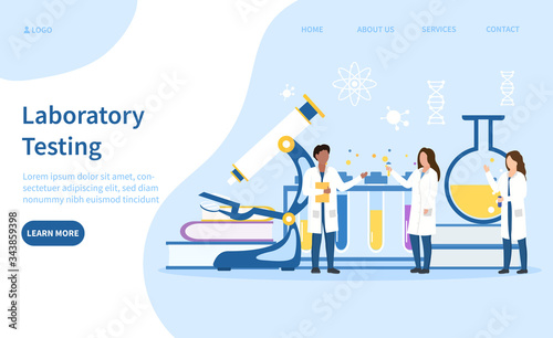Laboratory testing with medical staff or technicians in alb coats in front of test tubes and flasks, vector illustration with text and copy space