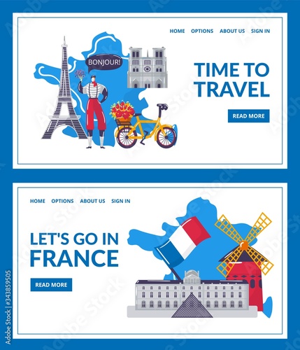 Time to travel, lets go in France, studying landing set vector illustration. Website page learning foreign language courses, online education. Tourism to Europe for knowledge, country elements.