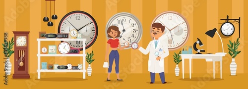 Alarm clocks, sale and repair alarm clock vector illustration. Flat device for measuring time, watchmaker character talking with client, showing watch. On table devices for setting clock.