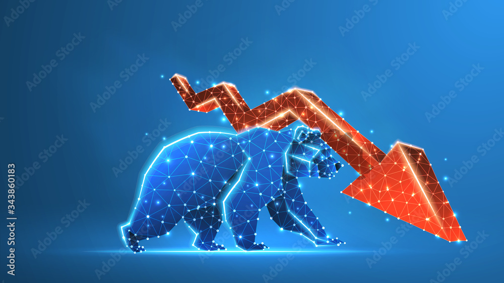 Fototapeta premium Bear market trend, red downtrend arrow. Stock Exchange and concept of a trading chart. Low poly, wireframe 3d Raster illustration. Abstract polygonal image on blue neon background