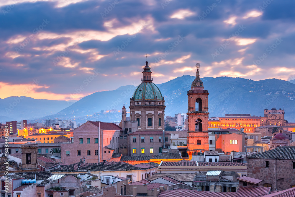 Aerial view of Palermo with Church of Saint Mary of Gesu at sunset, Sicily, Italy