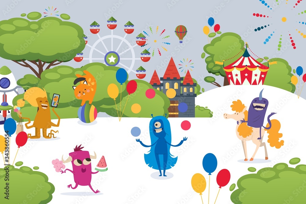 Naklejka premium Christmas monsters having fun at festival, vector illustration. Strange character with tentacles, horns walk down street, ride pony and buy delicious food. Circus, ferris wheel and castle cartoon.