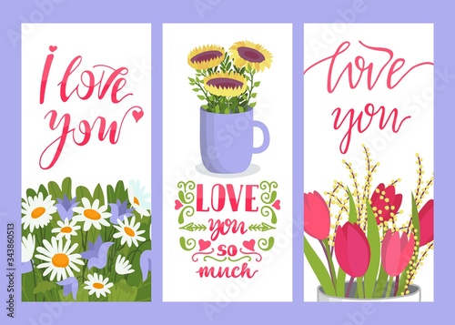 Love you sign floral card, vector illustration. Colorful template flyer with ...