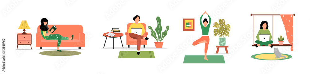 Quarantine, stay at home concept series. People are sitting at home in the room and practice yoga, enjoy meditation, relaxing on the sofa, read books, work or study online. Cute vector illustration.