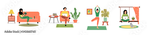 Quarantine, stay at home concept series. People are sitting at home in the room and practice yoga, enjoy meditation, relaxing on the sofa, read books, work or study online. Cute vector illustration.