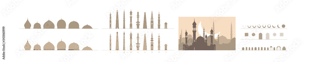 A set of  simplified mosque minarets, domes, doors, crescents and patterns for graphic designers