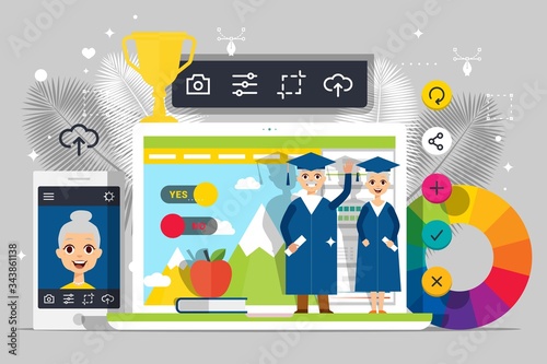 Graduation people, online education for seniors vector illustration. Information app for cartoon student. Happy man, woman near screen with internet course, pupil character account.