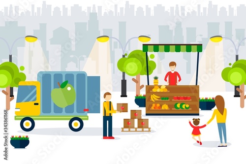 Import fruits icons, supplier brought tomatoes crates on van, vector illustration. Seller behind counter with vegetables, fresh products city market. Buyers character choose large assortment.