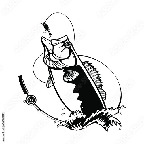 Fishing logo. Bass fish with rod club emblem. Fishing theme illustration. Isolated on white.