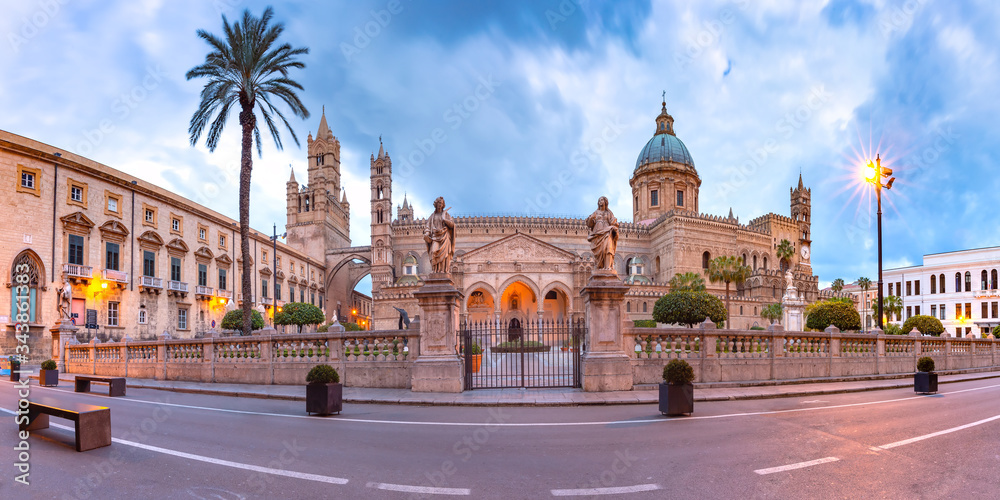 Panoramic view of metropolitan Cathedral of the Assumption of Virgin Mary in Palermo in the morning, Sicily, Italy