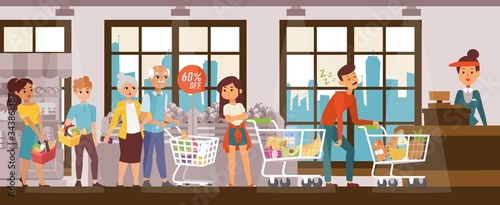 Sleep problems, exhausted man in supermarket hold up queue, vector illustration. Disgruntled customers standing behind sleeping character guy near cash register. Cartoon shop with showcase, windows.