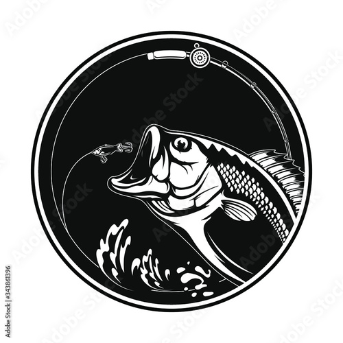 Fishing logo. Bass fish with rod club emblem. Fishing theme illustration. Isolated on white.