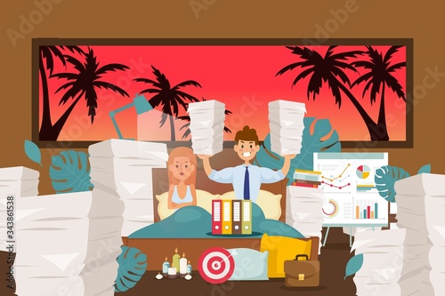 Sleep problems, workaholic neglects rest vector illustration. Man transferred work home, lot papers, documents in cartoon bedroom. Disgruntled wife next to motivated husband, banner.