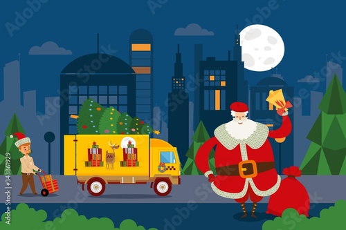 Taxi set, Santa uses the truck to make gifts vector illustration Delivery worker takes boxes on wheelbarrow out trailer, holiday tree lies on top. Night city, high buildings and cartoon moon. photo