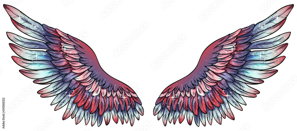Fototapeta Beautiful magic shiny glittery purple blue pink vector wings